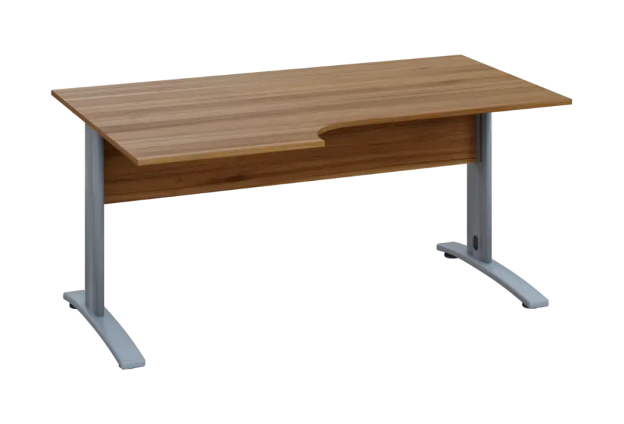 ERK 18 - 166 stůl kancelářský, rohový, levý, kovová podnož stříbrná, deska 18 mm, široký 1600 mm, ořech světlý